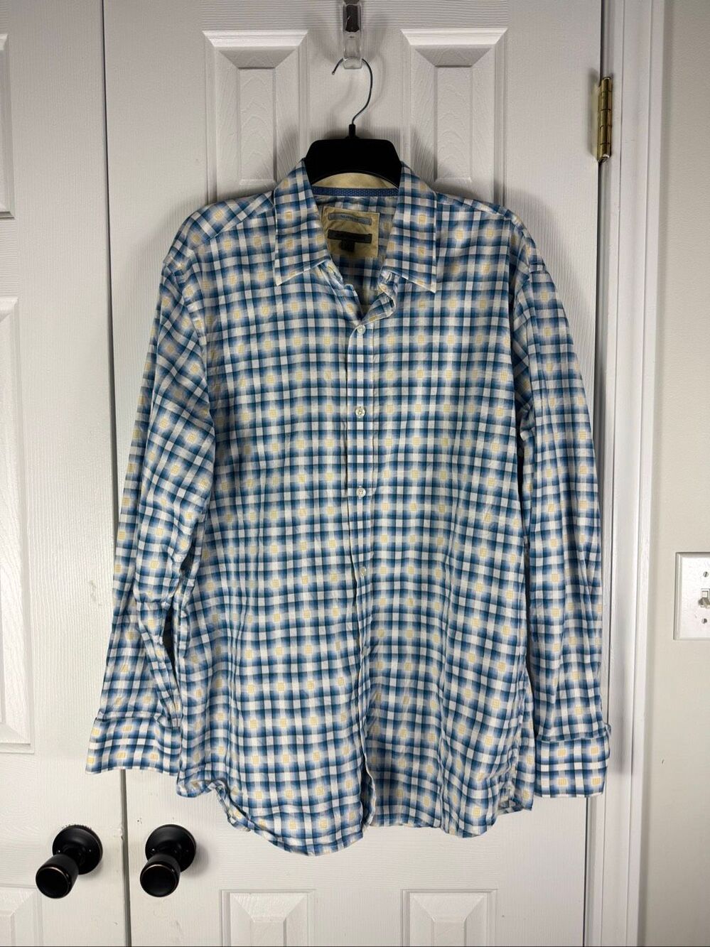 Johnston & Murphy Men’s Long Sleeve Shirt Blue Yellow Tailored Fit Size Large